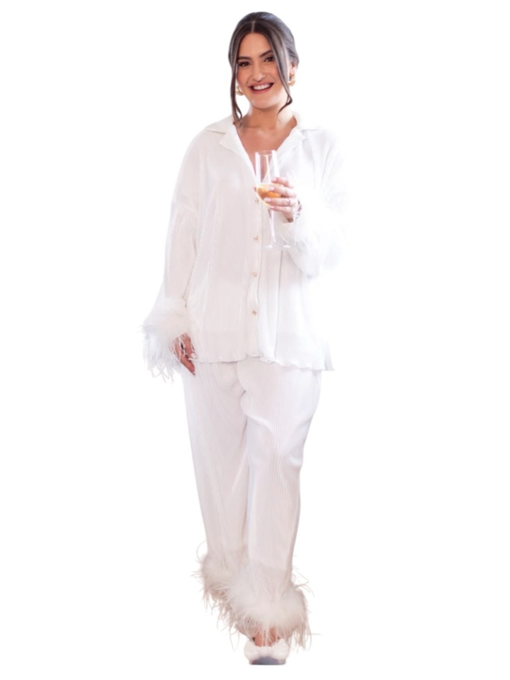 Waverles - Pleated Luxe Feather Set in Dove White Pajama Set Sz M